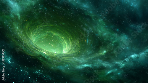 An ultra realistic 4K illustration of a swirling green cosmic vortex twisting through a dense star field with glowing nebula clouds scattered light points and ethereal depth evoking galactic motion