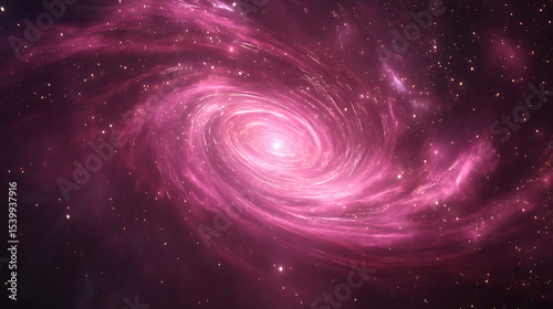  An ultra realistic 4K illustration of a swirling pink cosmic vortex twisting through a dense star field with glowing nebula clouds scattered light points and ethereal depth evoking galactic motion