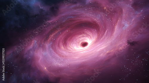  An ultra realistic 4K illustration of a swirling pink cosmic vortex twisting through a dense star field with glowing nebula clouds scattered light points and ethereal depth evoking galactic motion
