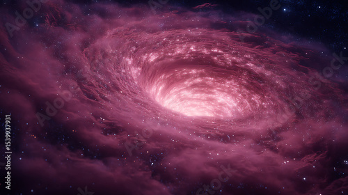  An ultra realistic 4K illustration of a swirling pink cosmic vortex twisting through a dense star field with glowing nebula clouds scattered light points and ethereal depth evoking galactic motion