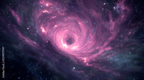  An ultra realistic 4K illustration of a swirling pink cosmic vortex twisting through a dense star field with glowing nebula clouds scattered light points and ethereal depth evoking galactic motion