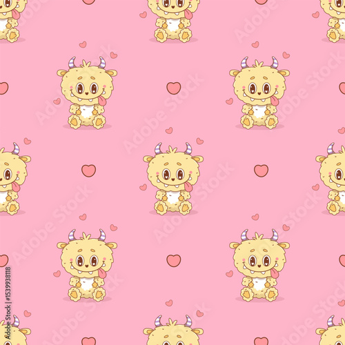 Seamless pattern with Cute Romantic Little Yellow Monster on pink background with hearts. Funny kawaii character animal. Vector illustration