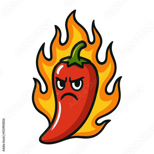 A cartoon red chili pepper character with a angry face, waving hand, and friendly smile. Bright red vegetable mascot design for food branding, spicy products, or fun educational content.