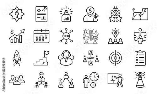 Business and marketing icon set depicting strategic planning and development