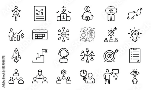 Business and success icons illustrative vector set depicting goals achievements and growth