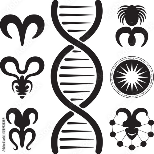 Black and white graphic design featuring dna strand and various abstract symbols on a white background
