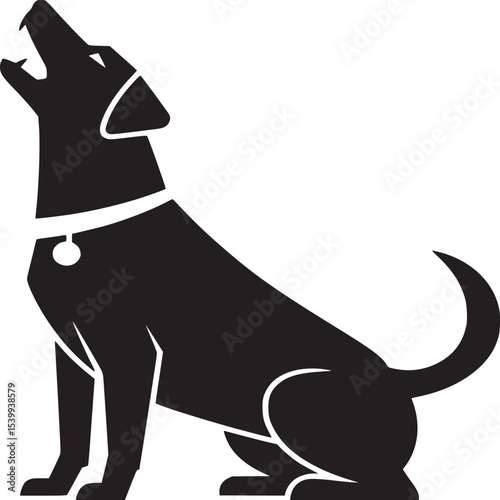 A black silhouette of a dog sitting with its head tilted back and mouth open in a howling position