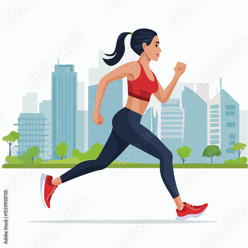 flat vector of a person in mid-run, wearing athletic gear, against a simple cityscape silhouette
