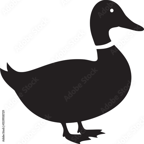 A simple black silhouette of a duck standing with a white background in a vector illustration