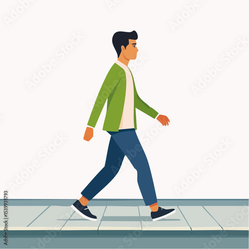 flat vector of a person brisk walking on a sidewalk, wearing everyday clothes