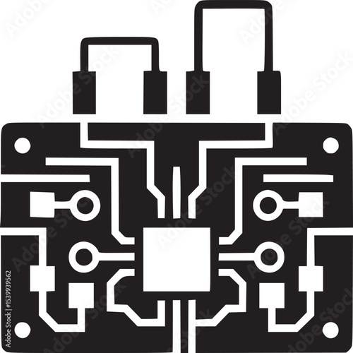Black and white illustration of a circuit board with wires and a central square component design graphic