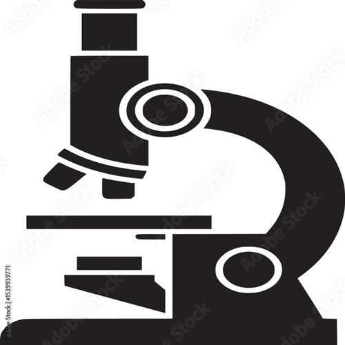 A simple black and white silhouette of a microscope used for scientific research and analysis work