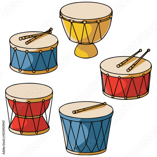 Festive carnival drums set vector isolated white background