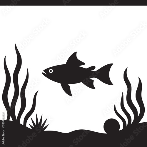 A black silhouette of a fish swimming in an aquarium with seaweed and a dark bottom on a white background