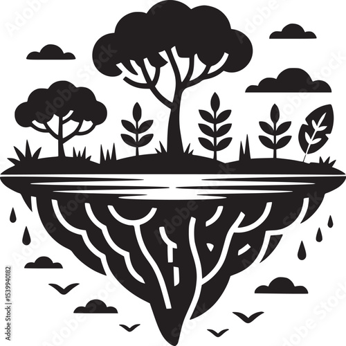Black and white graphic of a floating island with trees water and birds in simple vector style