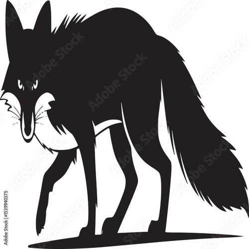 A black silhouette of a fox walking on a white background with a bushy tail and pointed ears