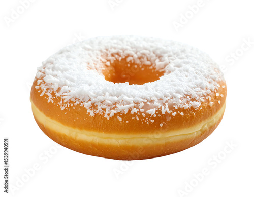 Delicious coconut-covered donut dessert treat.