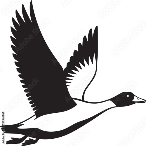A black and white graphic of a duck in flight showcasing its wings against a white background design
