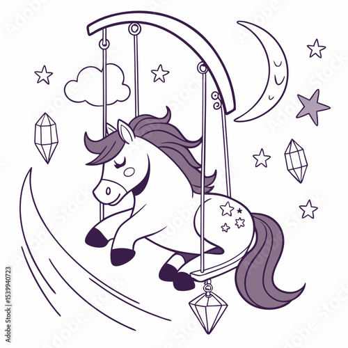 Delightful Peaceful Horse in a Starlight Ball scene with on a cloud swing – Lunar Elegance vector illustration