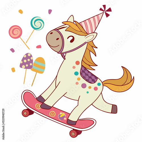 Creative SVG: Excited Horse with riding a skateboard in a Candy Shop colored Birthday theme