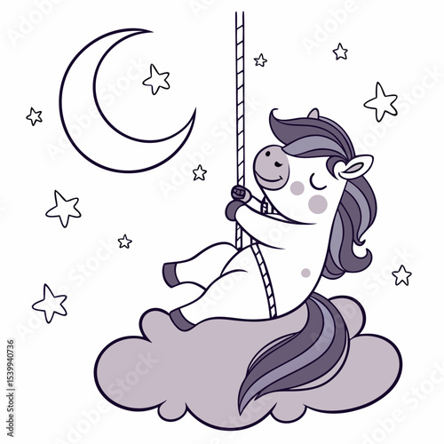 Delightful Peaceful Horse in a Starlight Ball scene with on a cloud swing – Lunar Elegance vector illustration