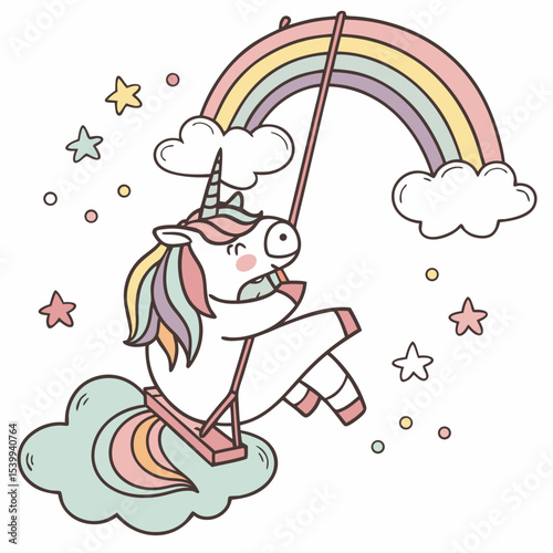 Cute Grumpy Horse, accessorized with on a cloud swing, in a Rainbow world – Pastel Rainbow palette vector