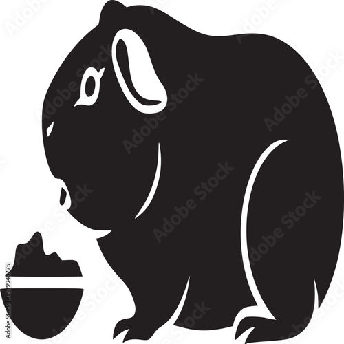 A black silhouette of a guinea pig next to a bowl filled with food on a white background vector image