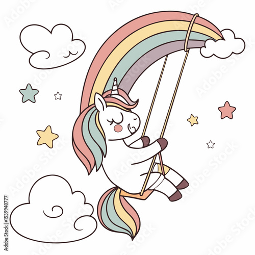 Cute Grumpy Horse, accessorized with on a cloud swing, in a Rainbow world – Pastel Rainbow palette vector
