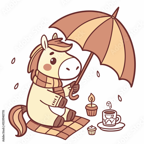 Delightful Dreamy Horse in a Christmas scene with under an umbrella – Warm Cozy vector illustration