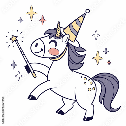 Creative SVG: Excited Horse with wearing a party hat in a Magical Night colored Starry night theme