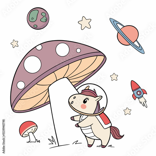Cute Silly Horse, accessorized with under a mushroom, in a Space explorer world – Cosmic Pastels palette vector