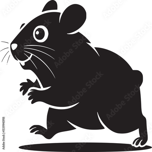 Black silhouette of a cartoon hamster running with a white background in a vector illustration