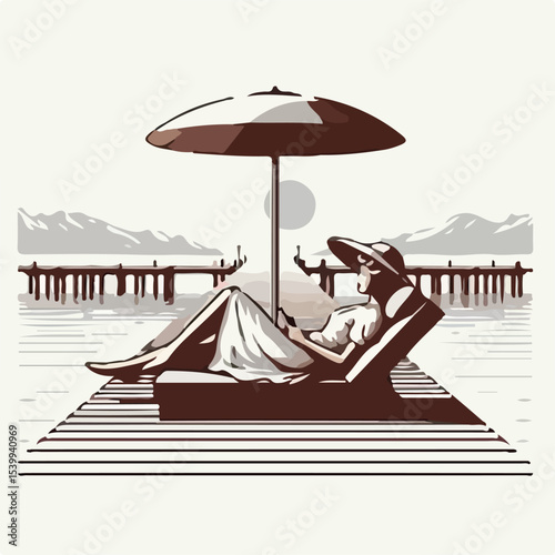image of a woman sunbathing on a pier with a simple and minimalist flat design using a white background