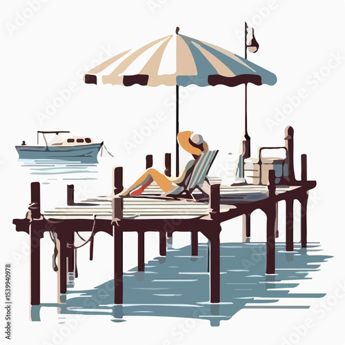 image of a woman sunbathing on a pier with a simple and minimalist flat design using a white background