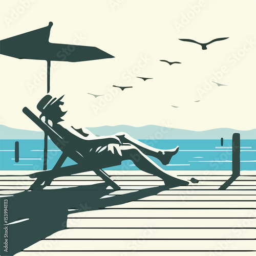 image of a man sunbathing on a pier with a simple and minimalist flat design using a white background