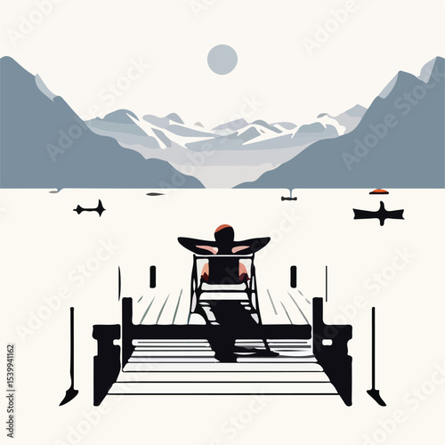 image of a man sunbathing on a pier with a simple and minimalist flat design using a white background