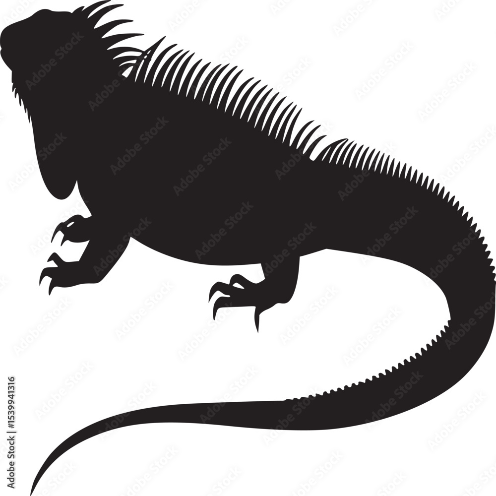 Fototapeta premium Silhouette of an iguana with spines on its back and a long tail on a white background vector art