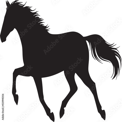 Silhouette of a horse running with flowing mane and tail against a plain white background art design