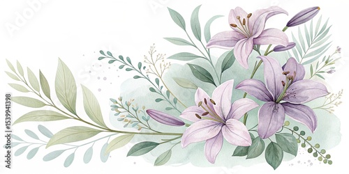 Wallpaper Mural Elegant lily floral arrangement with soft leaves in a watercolor style on a white background with copy space
 Torontodigital.ca