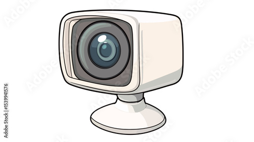 A cartoon illustration of a square-shaped webcam.  The webcam is predominantly white with a gray lens and is depicted on a small white base. The style is simple and clean, utilizing basic shapes