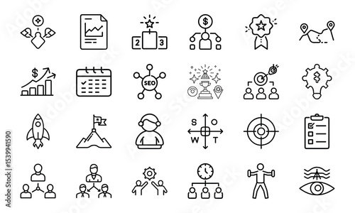 Set of linear business and marketing icons illustrating strategy and success elements