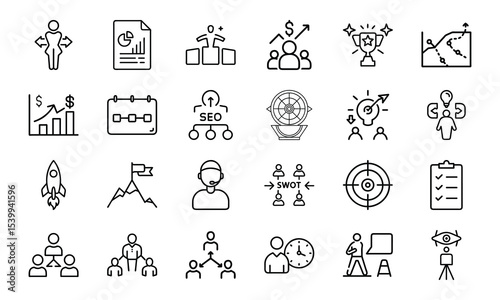 Business and strategy icon set representing goals success and teamwork