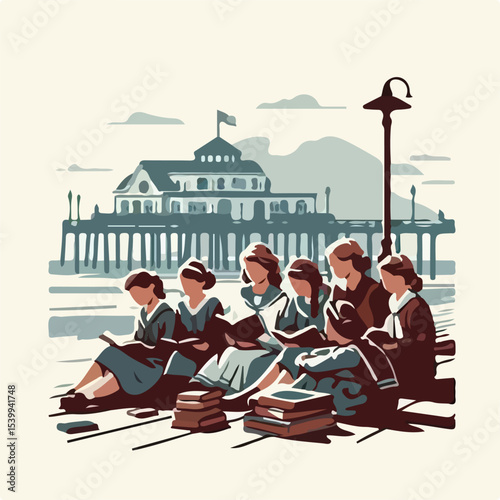 image of a group of women reading books on the pier with a simple and minimalist flat design using a white background
