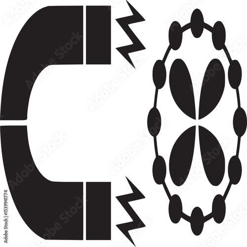 Illustration of horseshoe magnet attracting a circular structure with internal flower shape design