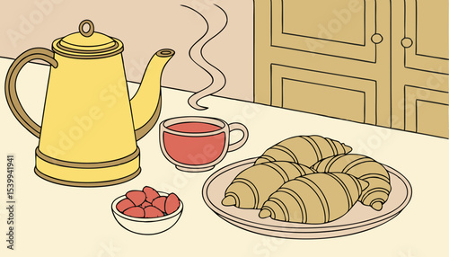 A cheerful setting awaits with a yellow kettle steaming beside a fragrant cup of tea, Croissants sit on a plate, complemented by a small bowl of vibrant strawberry jam, perfect for indulgence       