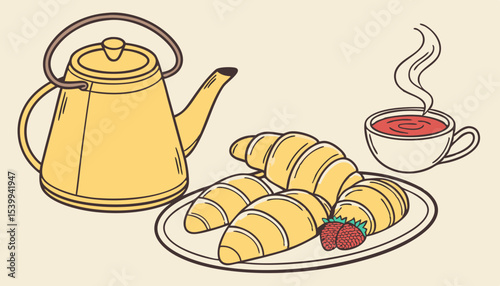 A cheerful setting awaits with a yellow kettle steaming beside a fragrant cup of tea, Croissants sit on a plate, complemented by a small bowl of vibrant strawberry jam, perfect for indulgence       