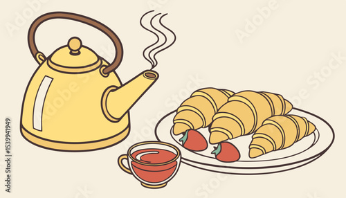 A cheerful setting awaits with a yellow kettle steaming beside a fragrant cup of tea, Croissants sit on a plate, complemented by a small bowl of vibrant strawberry jam, perfect for indulgence       