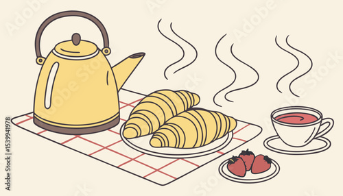 A cheerful setting awaits with a yellow kettle steaming beside a fragrant cup of tea, Croissants sit on a plate, complemented by a small bowl of vibrant strawberry jam, perfect for indulgence       