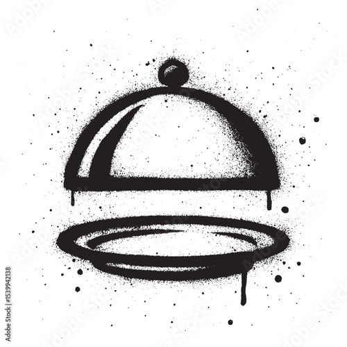 black and white graffiti style illustration of a cloche or food serving tray, created with spray paint on a white background.
