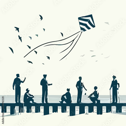 image of a group of men playing kites on the pier with a simple and minimalist flat design using a white background
